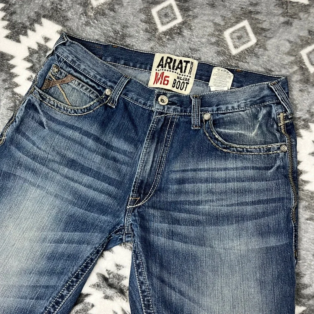 Ariat M6 Slim Boot Jeans 36x32 Mens Med Wash 100% Cotton Denim Pocket Embroidery